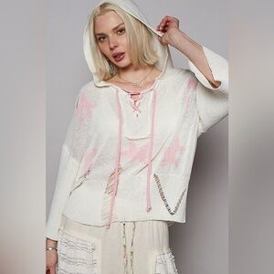 NWOT POL Stars Align White and Pink Distressed Hooded Sweater (XL)
